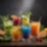 A vibrant display of colorful diet mixed drinks garnished with fresh herbs and fruits.