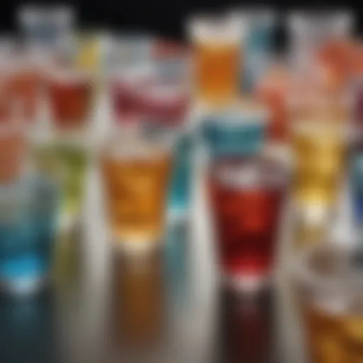 An array of colorful disposable drinking glasses on a table, showcasing various designs and materials.