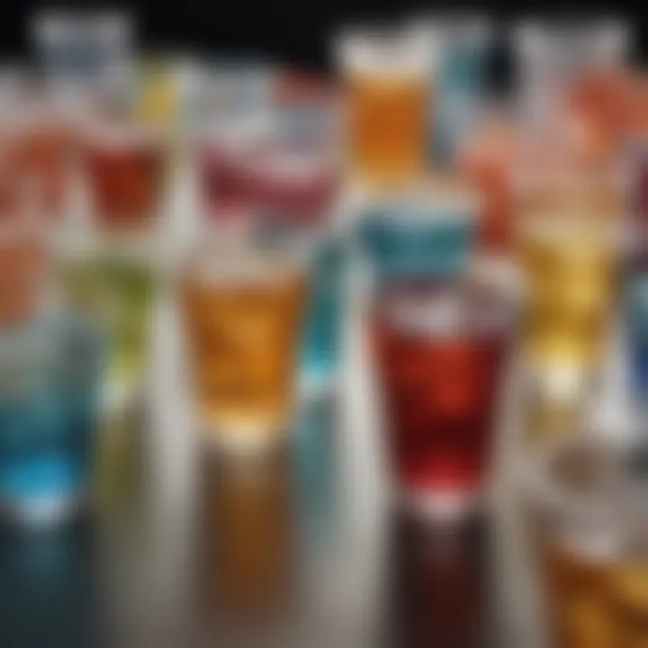 An array of colorful disposable drinking glasses on a table, showcasing various designs and materials.