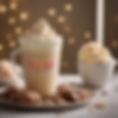 A seasonal display featuring Dunkin's White Chocolate Mocha with festive decorations.