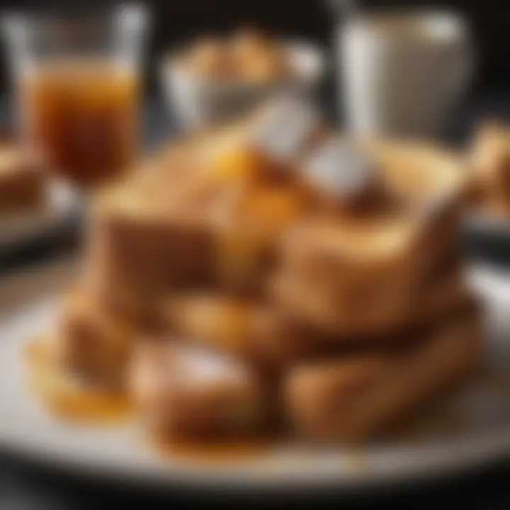 A plate of French toast with maple syrup and powdered sugar