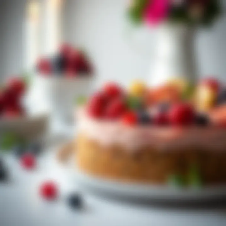 Elegant Presentation of No-Bake Cakes A close-up of a beautifully presented no-bake cake adorned with fresh fruits and herbs.