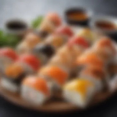 Assortment of sushi dishes drizzled with eel sauce