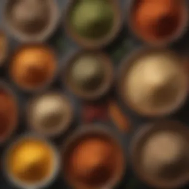 Culinary Diversity: Regional Chicken Seasonings Various regional seasonings displayed in decorative bowls.