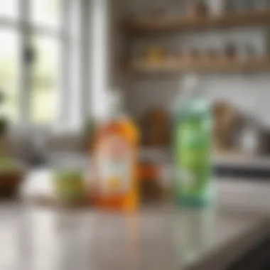 A close-up view of eco-friendly cleaning products on a kitchen counter