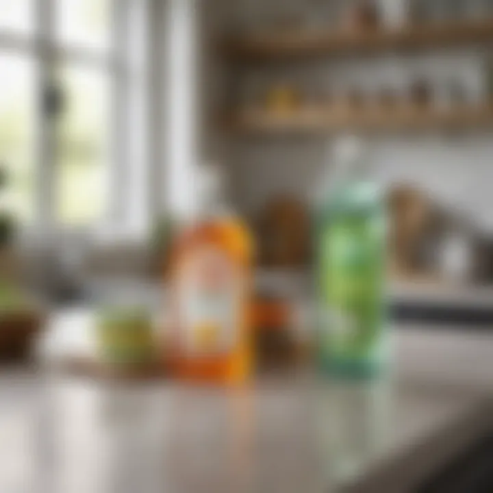 A close-up view of eco-friendly cleaning products on a kitchen counter