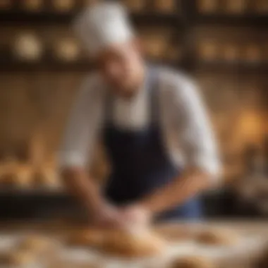 Artisan baker skillfully shaping the dough of miffin bread in a vibrant bakery environment