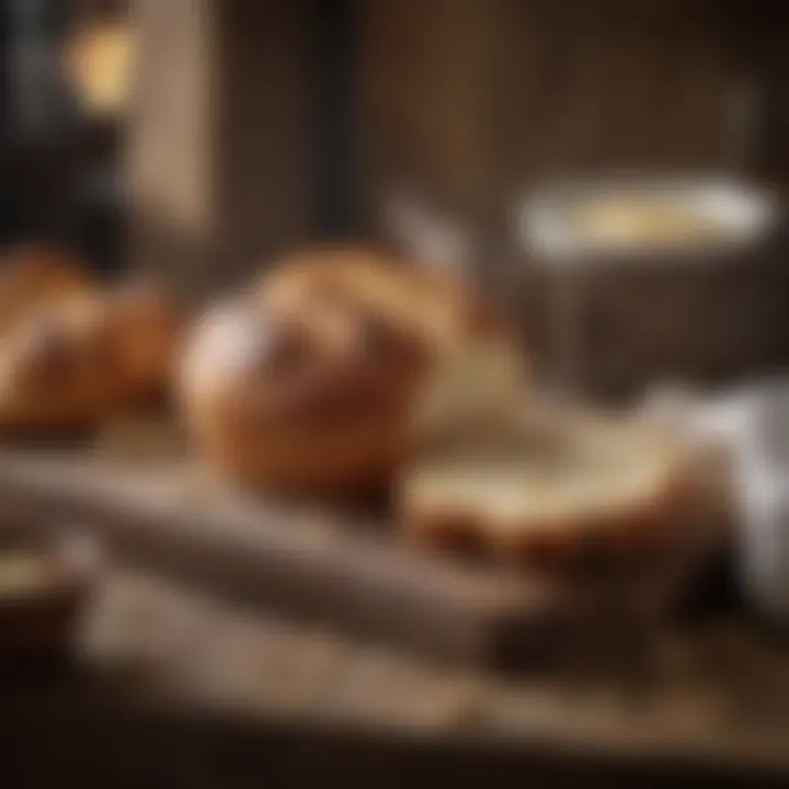 A traditional setting with miffin bread served on a rustic wooden table with accompaniments