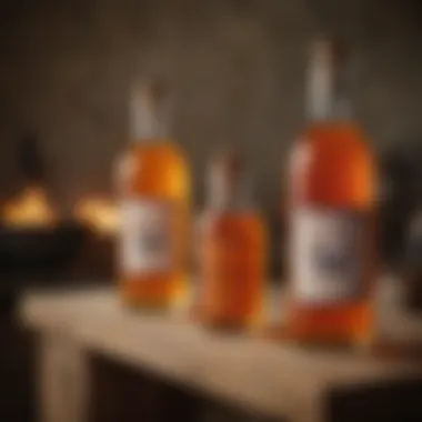 Bottles of homemade fire tonic displayed on a rustic countertop