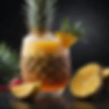 Artistic display of tropical cocktail ingredients including fresh pineapple