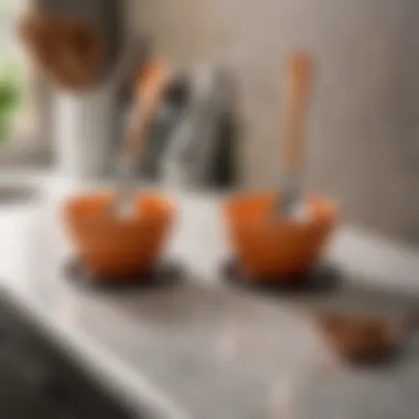 A stylish kitchen countertop featuring silicone spoon holders in use.