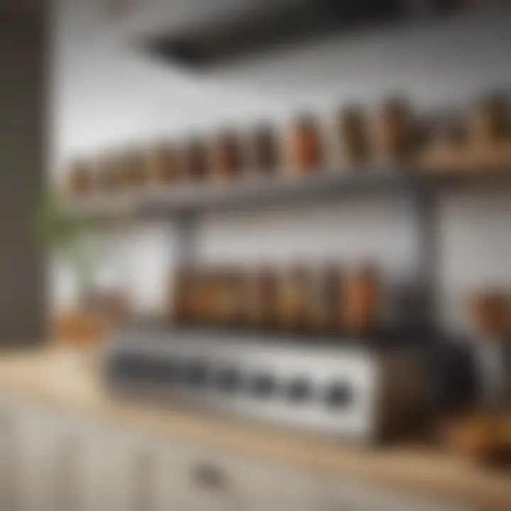 Elegant spice shelf above stove with various jars