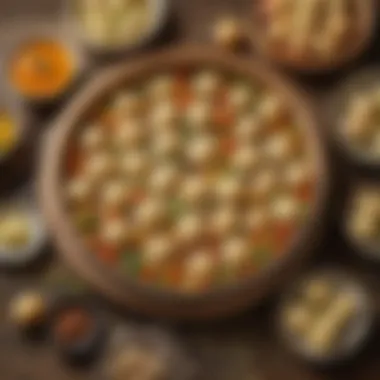 A Vibrant Display of German Dumplings An array of colorful German dumplings on a rustic wooden table