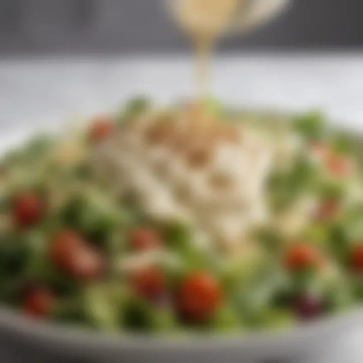 An elegant salad adorned with gluten-free Caesar dressing and garnishes