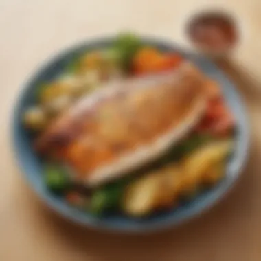 A colorful plate of grilled fish accompanied by steamed vegetables