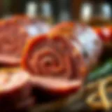 A close-up view of sliced ham bologna showcasing its texture and color