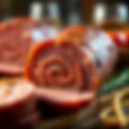 A close-up view of sliced ham bologna showcasing its texture and color