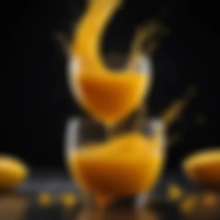 Close-up of mango juice swirling in a glass with Hennessy