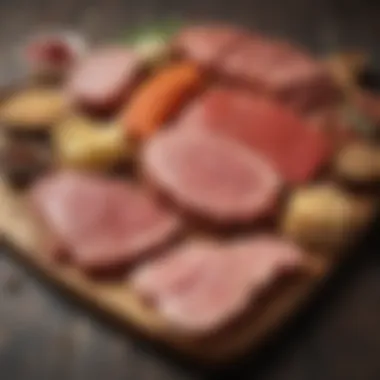 A variety of high protein meats displayed on a wooden board