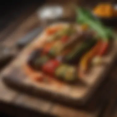 Grilled Vegetables on Himalayan Salt Plank Himalayan BBQ salt plank on a rustic wooden table with grilled vegetables.