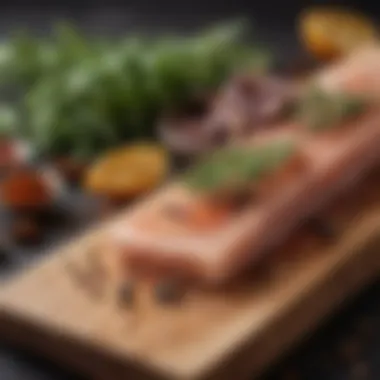 Herbs and Spices with Himalayan Salt Plank Close-up of a Himalayan BBQ salt plank with herbs and spices arranged around it.
