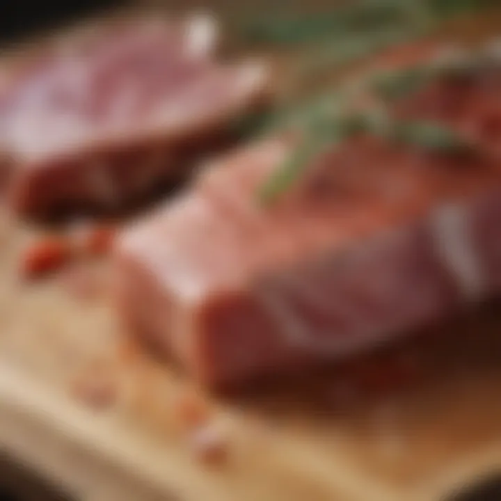 A selection of meats seasoned and placed on a Himalayan BBQ salt plank ready for grilling.