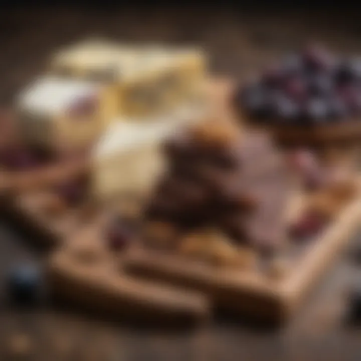 A rustic display of huckleberry chocolate bars paired with artisanal cheeses and nuts.