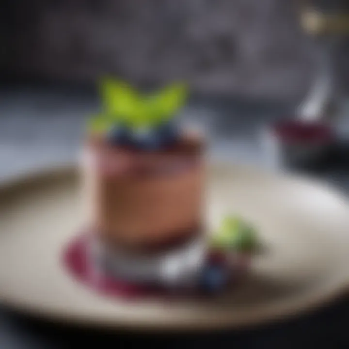 An elegant dessert featuring huckleberry chocolate mousse garnished with fresh huckleberries and mint leaves.