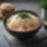 A bowl of konjac rice garnished with fresh herbs.