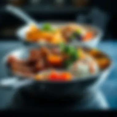 Variety of dishes prepared in a large stainless steel sauté pan