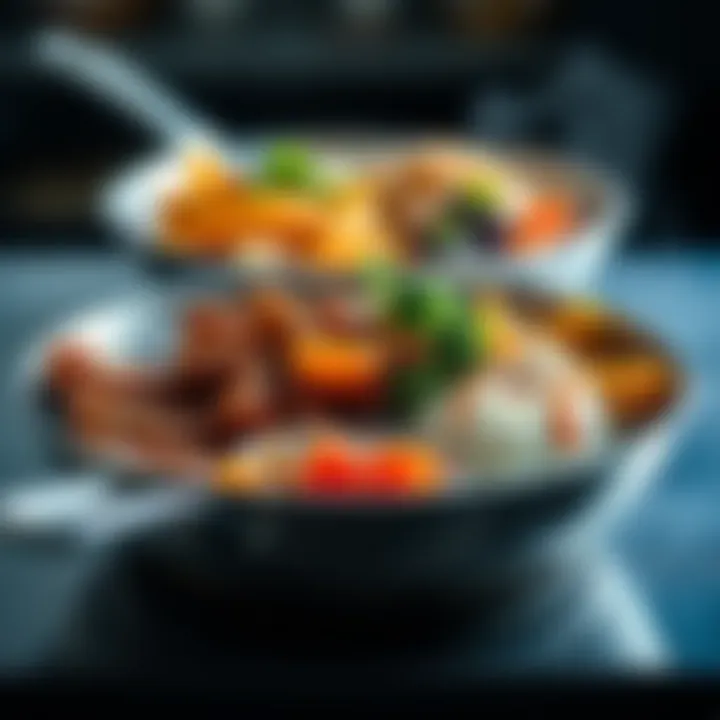 Variety of dishes prepared in a large stainless steel sauté pan