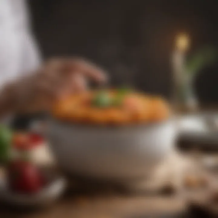 Chef showcasing a finished dish in a le crochet pot