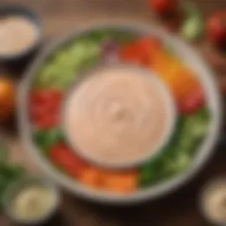 A vibrant bowl of light Thousand Island dressing surrounded by fresh vegetables