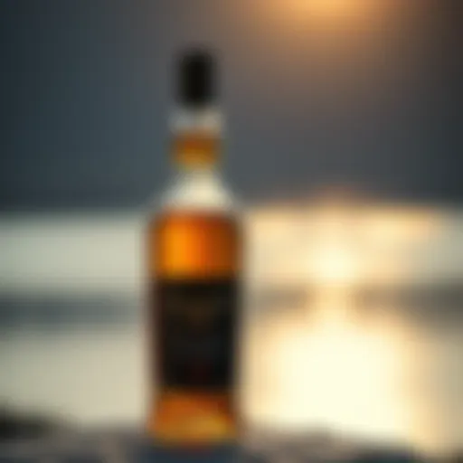 An elegant bottle of Lochan Ora Whisky with a scenic backdrop