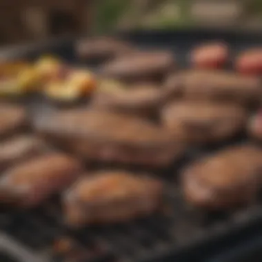 An outdoor barbecue setting with steaks sizzling on the grill, showcasing the grilling experience