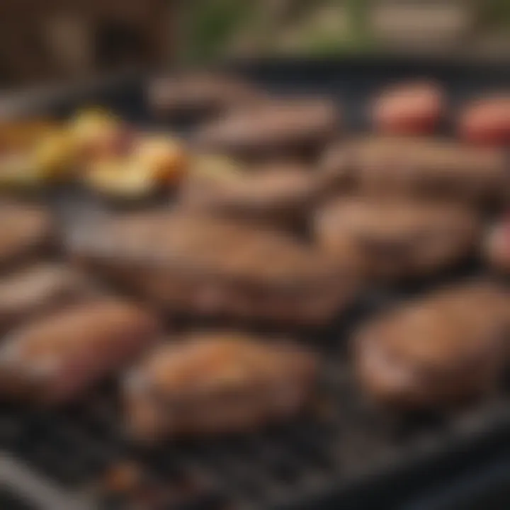 An outdoor barbecue setting with steaks sizzling on the grill, showcasing the grilling experience