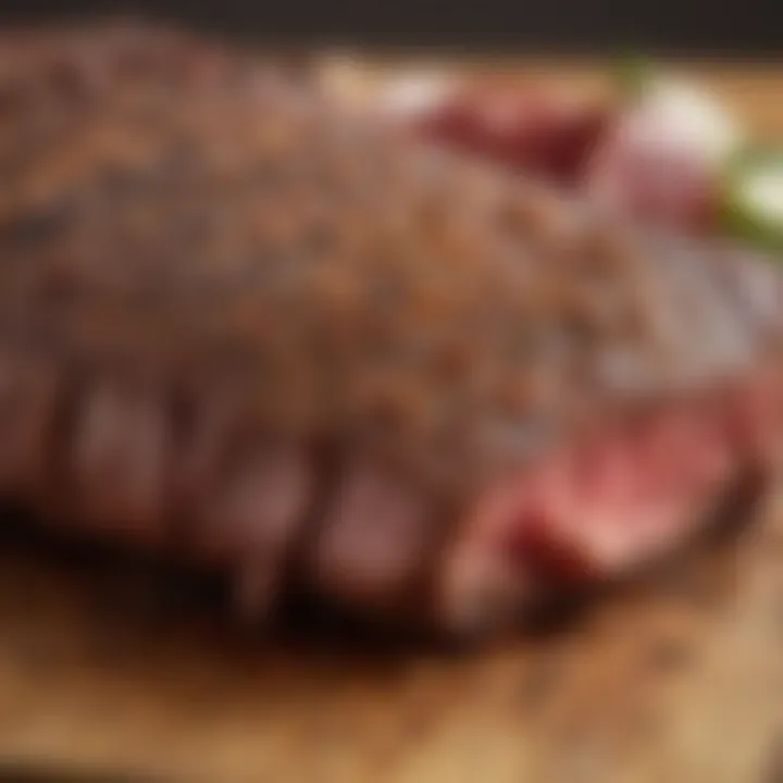 A close-up view of steak seasoning sprinkled over a raw beef cut on a cutting board