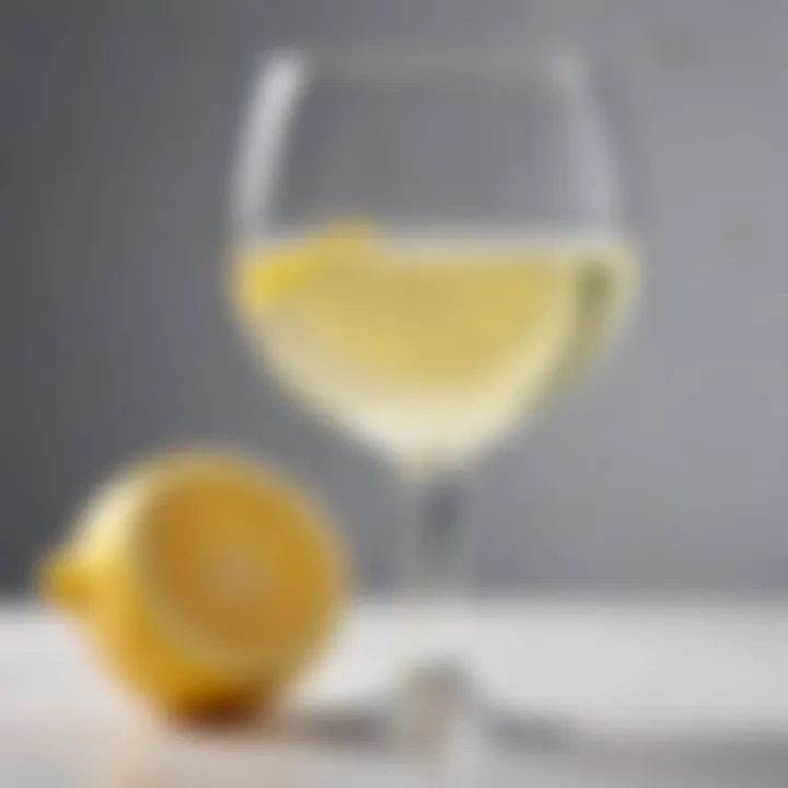 A close-up of a glass of low-calorie white wine with a lemon slice