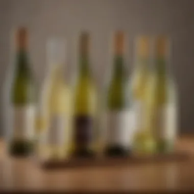 A selection of different low-calorie white wine bottles on a wooden table