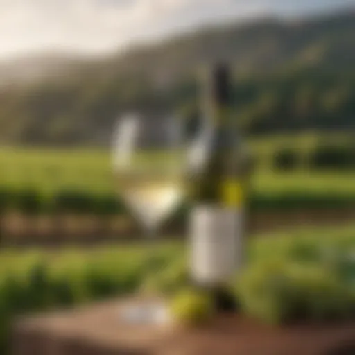 A glass of low-calorie white wine with a scenic vineyard backdrop