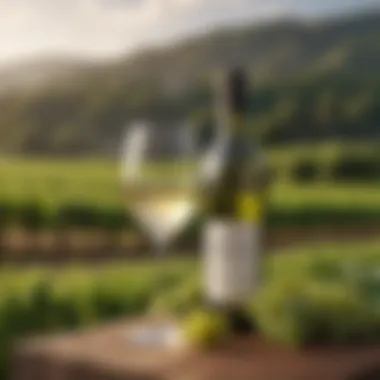 Low-Calorie White Wine Amidst Vineyards A glass of low-calorie white wine with a scenic vineyard backdrop