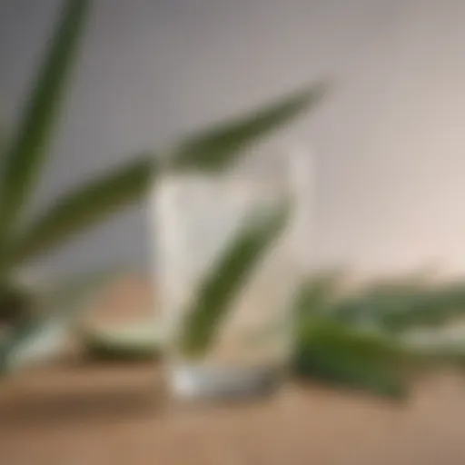 A refreshing low sugar aloe drink in a clear glass surrounded by fresh aloe vera leaves