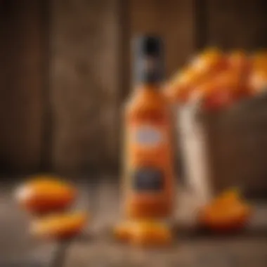 Mango Habanero Wing Sauce Bottle A vibrant bottle of mango habanero wing sauce against a rustic wooden background.