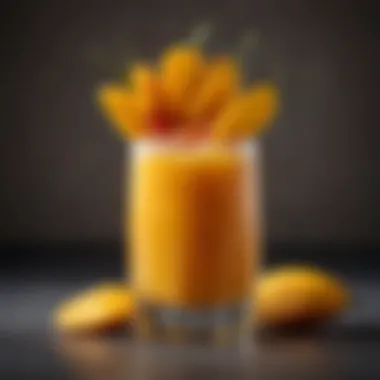 A creative cocktail featuring mango habanero sauce, garnished with a slice of mango.