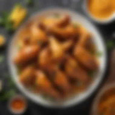 Delicious Mango Habanero Chicken Wings An enticing plate of chicken wings drizzled with mango habanero sauce, garnished with herbs.