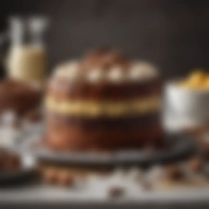 An array of ingredients used in marble cake mix, including flour, cocoa powder, and eggs, artfully arranged.