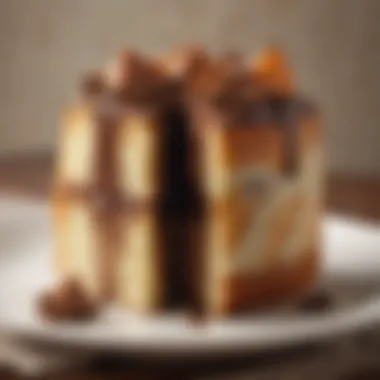 A slice of marble cake displayed on a decorative plate, highlighting its moist texture and rich flavor.