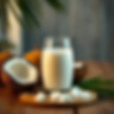 Coconut milk with fresh coconuts on a wooden table