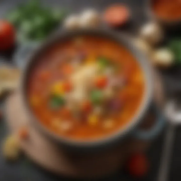 A delicious bowl of vegetable soup, rich in colors and textures.