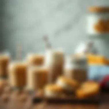Variety of peanut butter shake recipes displayed on a table